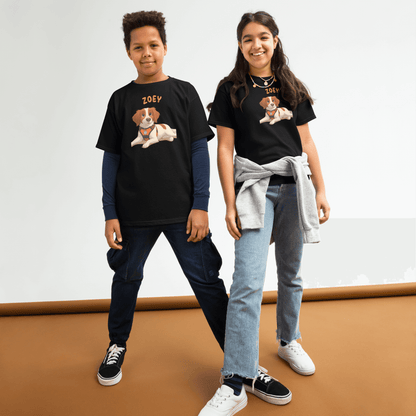 Kids wearing personalized cartoon pet shirts featuring a cute dog illustration and the name 'Zoey'.