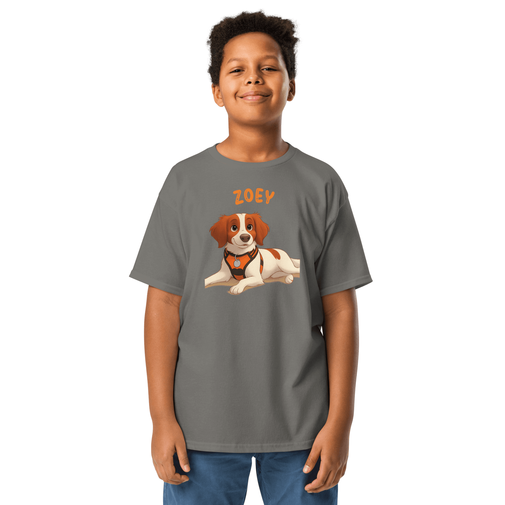 Kid wearing a personalized cartoon pet shirt featuring a dog illustration and the name 'Zoey'.