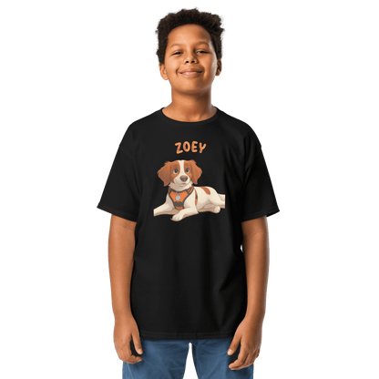Child wearing a personalized cartoon pet shirt featuring a dog illustration and the name Zoey.