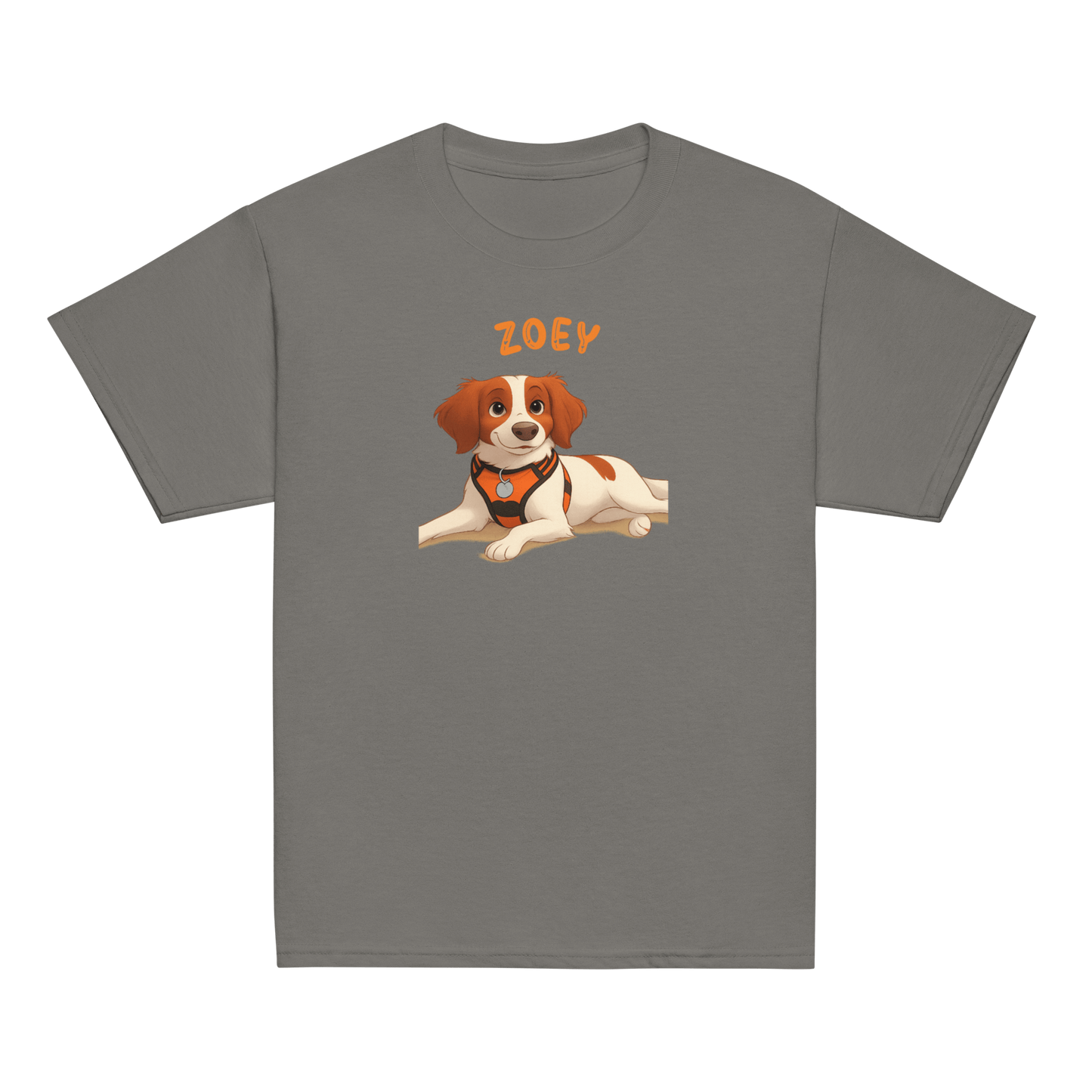 Personalized kids' shirt featuring cartoon illustration of a dog named Zoey, soft gray fabric.