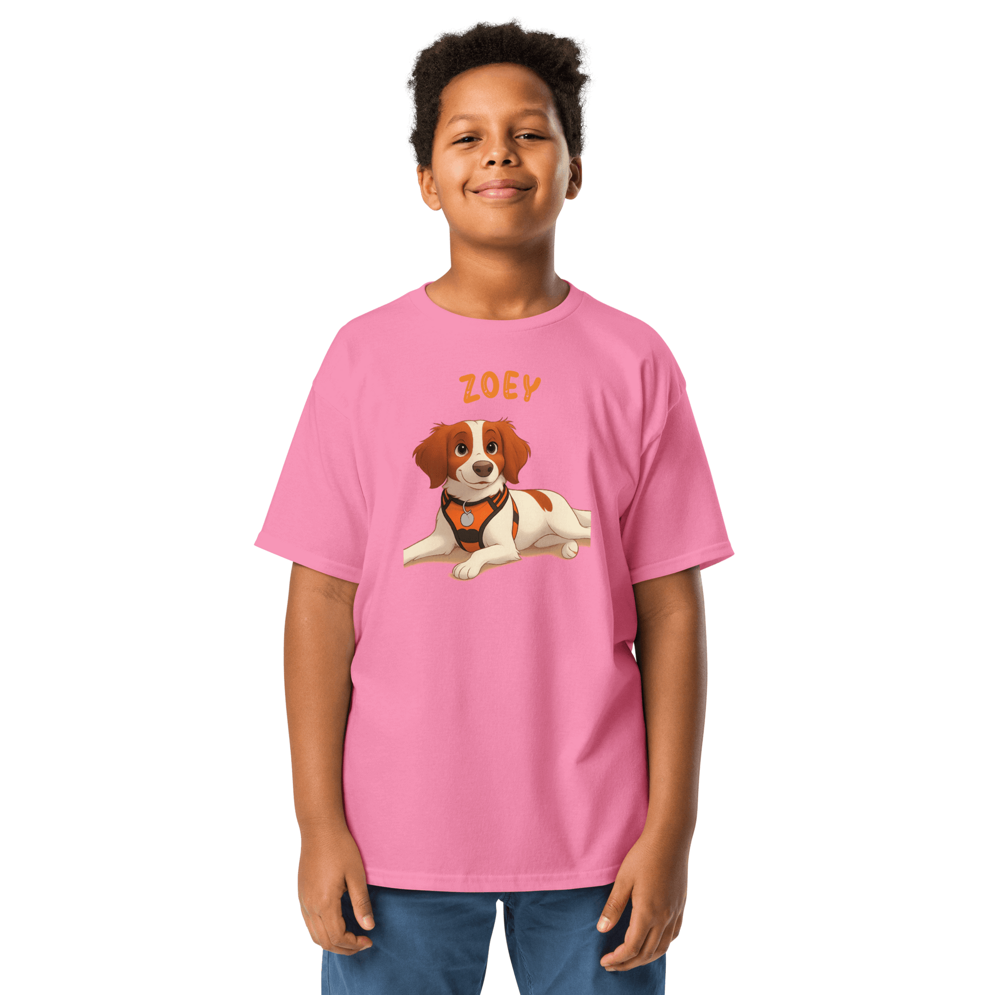 Youth wearing a pink tee featuring a cartoon dog illustration and the name 'ZOEY' above.
