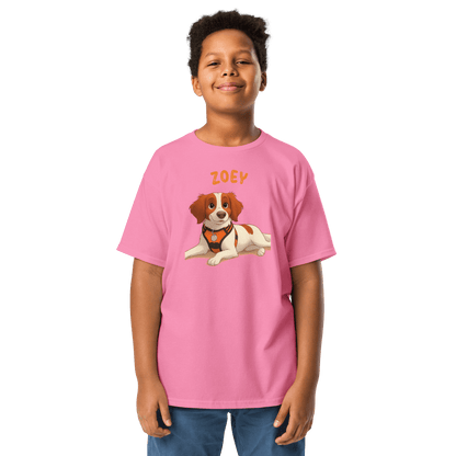 Youth wearing a pink tee featuring a cartoon dog illustration and the name 'ZOEY' above.