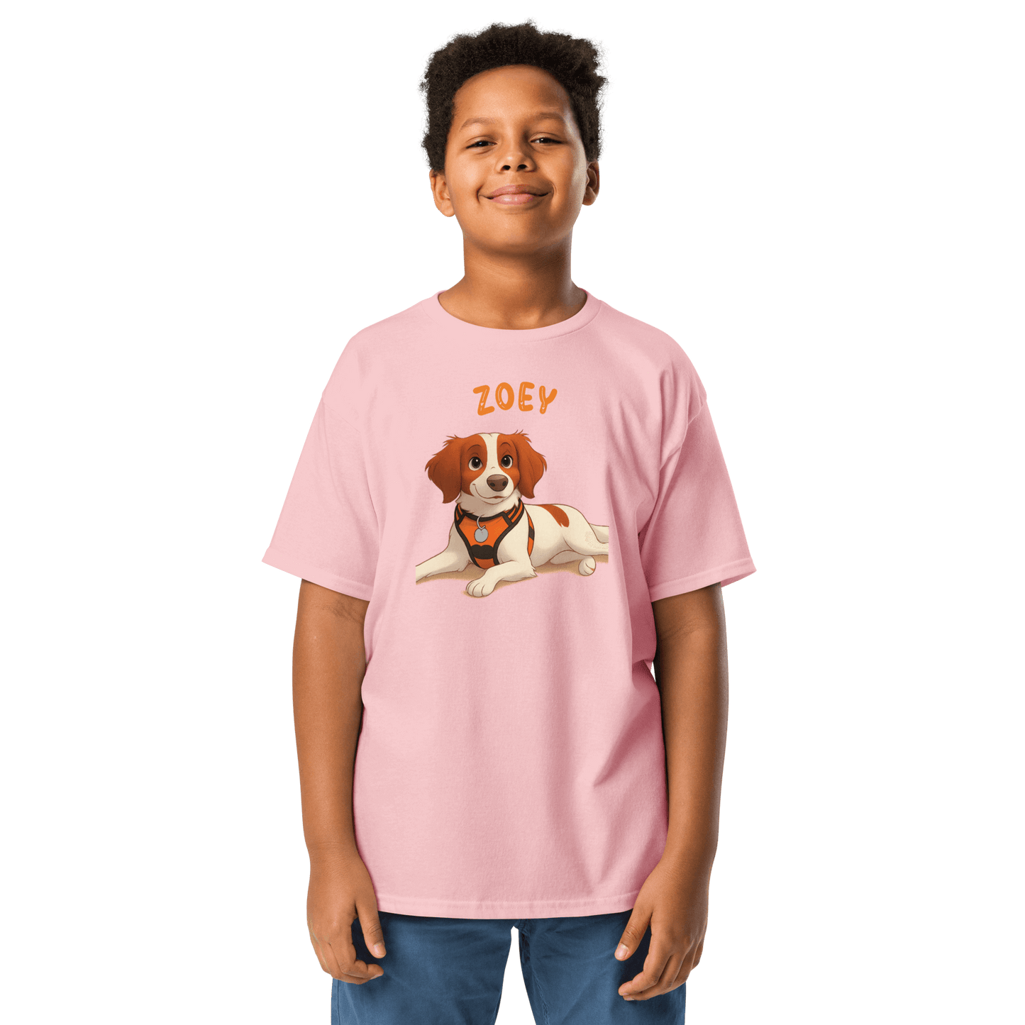 Child wearing a personalized pink tee featuring a cartoon dog named Zoey, perfect for kids who love pets.