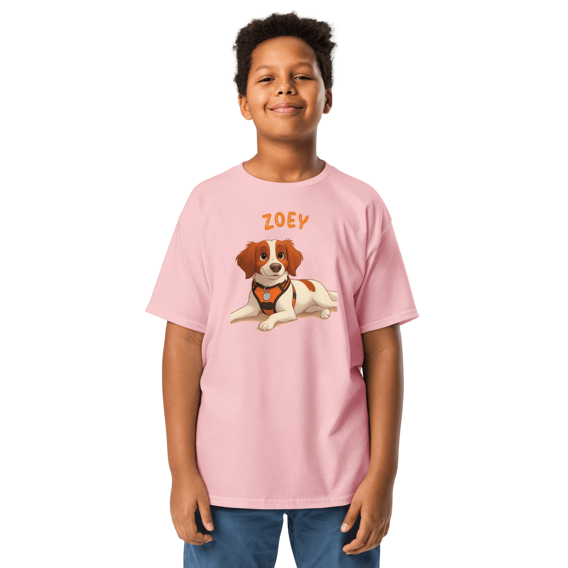 Child wearing a personalized pink tee featuring a cartoon dog named Zoey, perfect for kids who love pets.