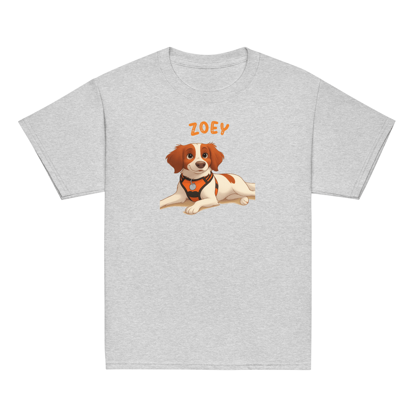 Personalized cartoon pet shirt for kids featuring a stylized dog named Zoey, playful design on a gray tee.