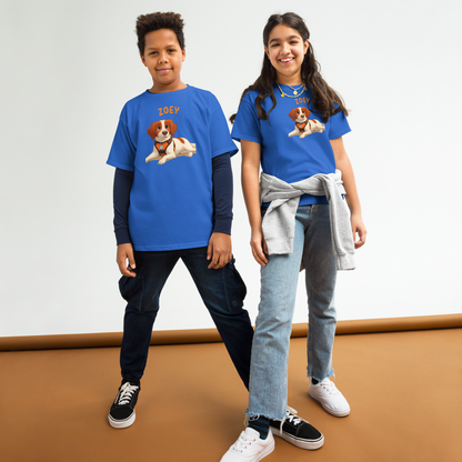 Kids wearing personalized cartoon pet shirts with a dog illustration and custom names, smiling in blue tees.