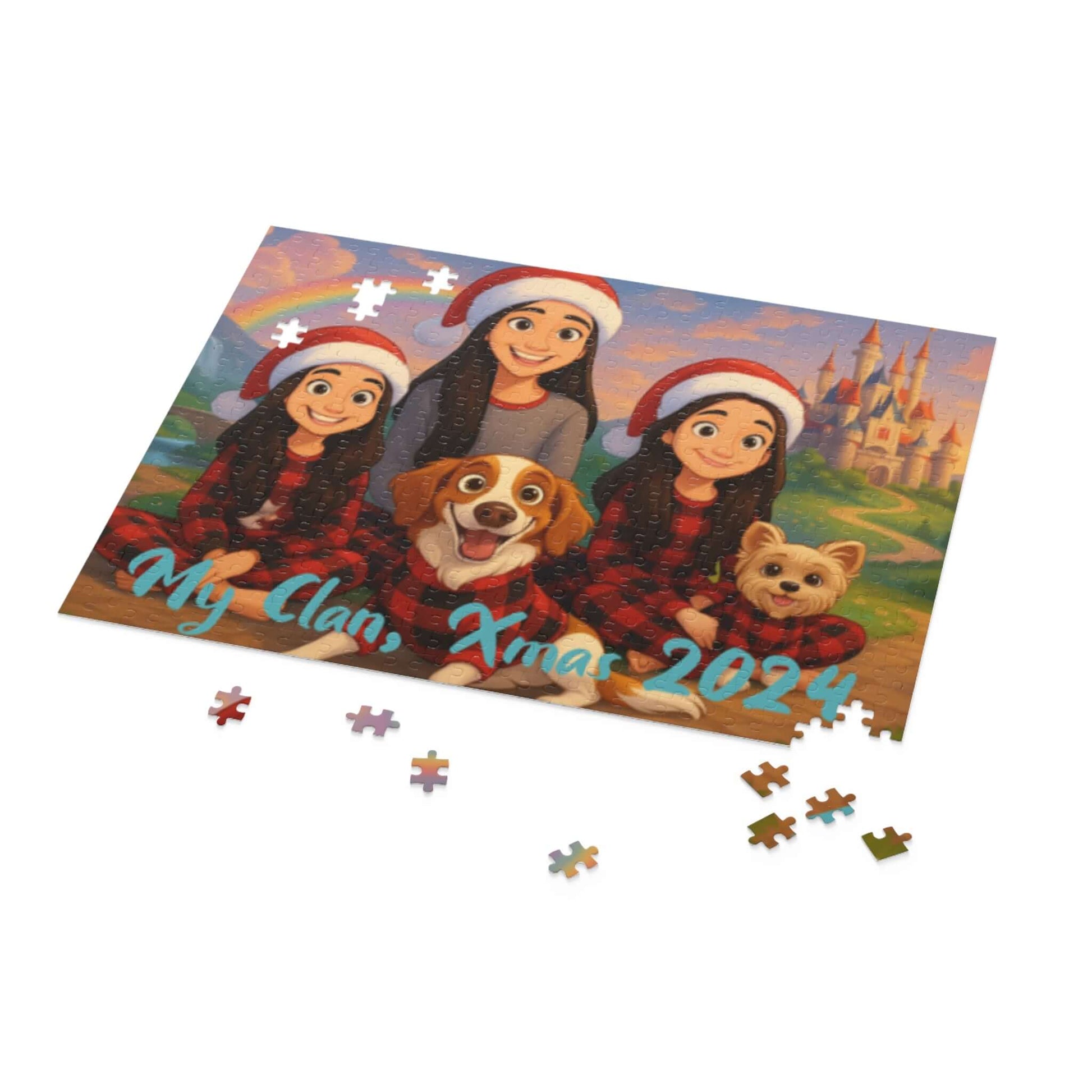 Personalized cartoon puzzle featuring family with pets, Christmas theme and Disney-inspired background.
