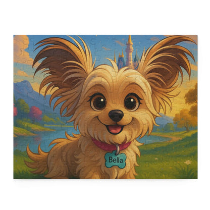 Personalized cartoon puzzle featuring a cheerful dog named Bella in a whimsical Disney-inspired landscape.