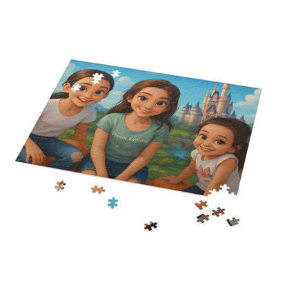Personalized cartoon puzzle featuring three girls against a Disney-inspired backdrop with colorful pieces scattered.