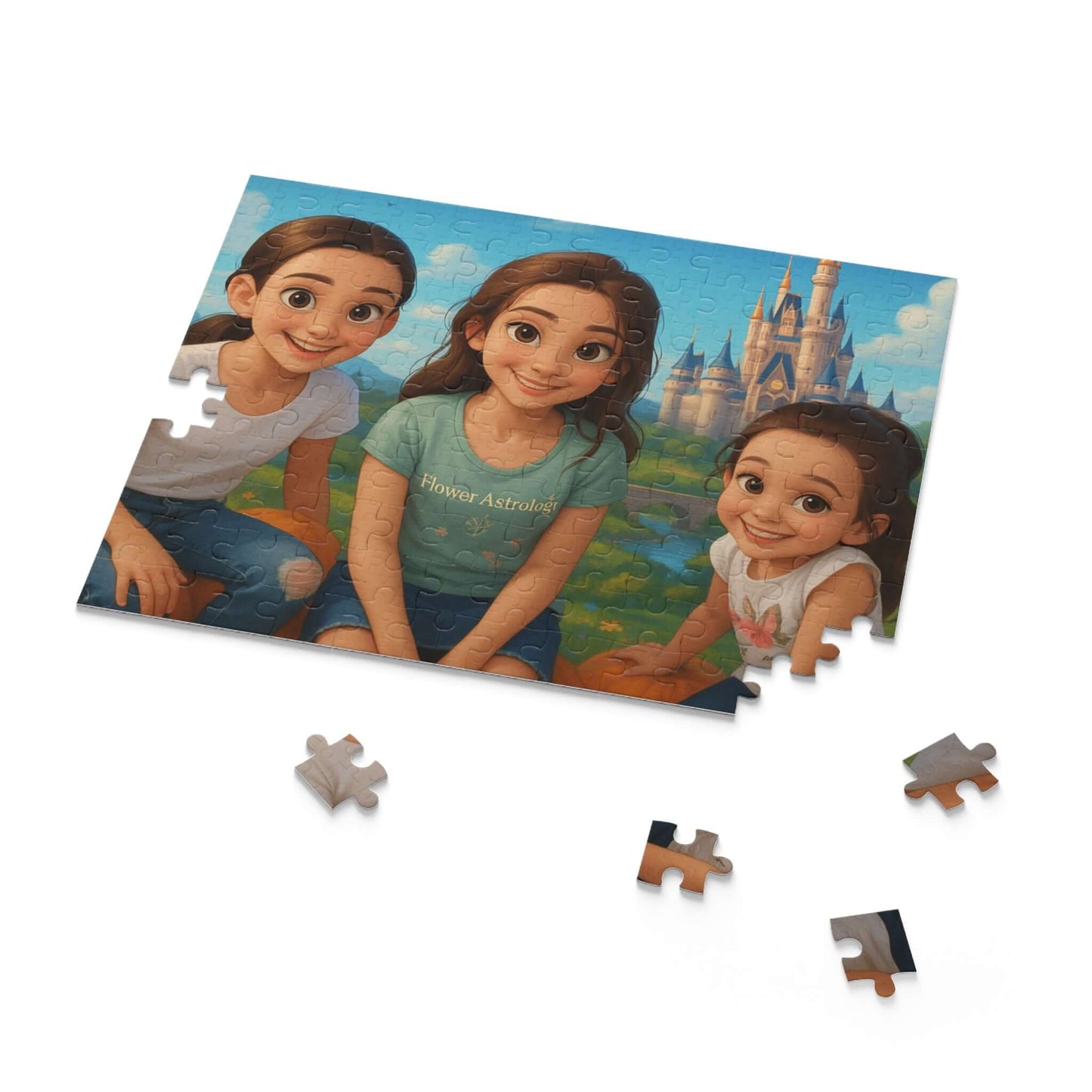 Personalized cartoon puzzle of three girls with a Disney-inspired background, showcasing fun and joy in family moments.