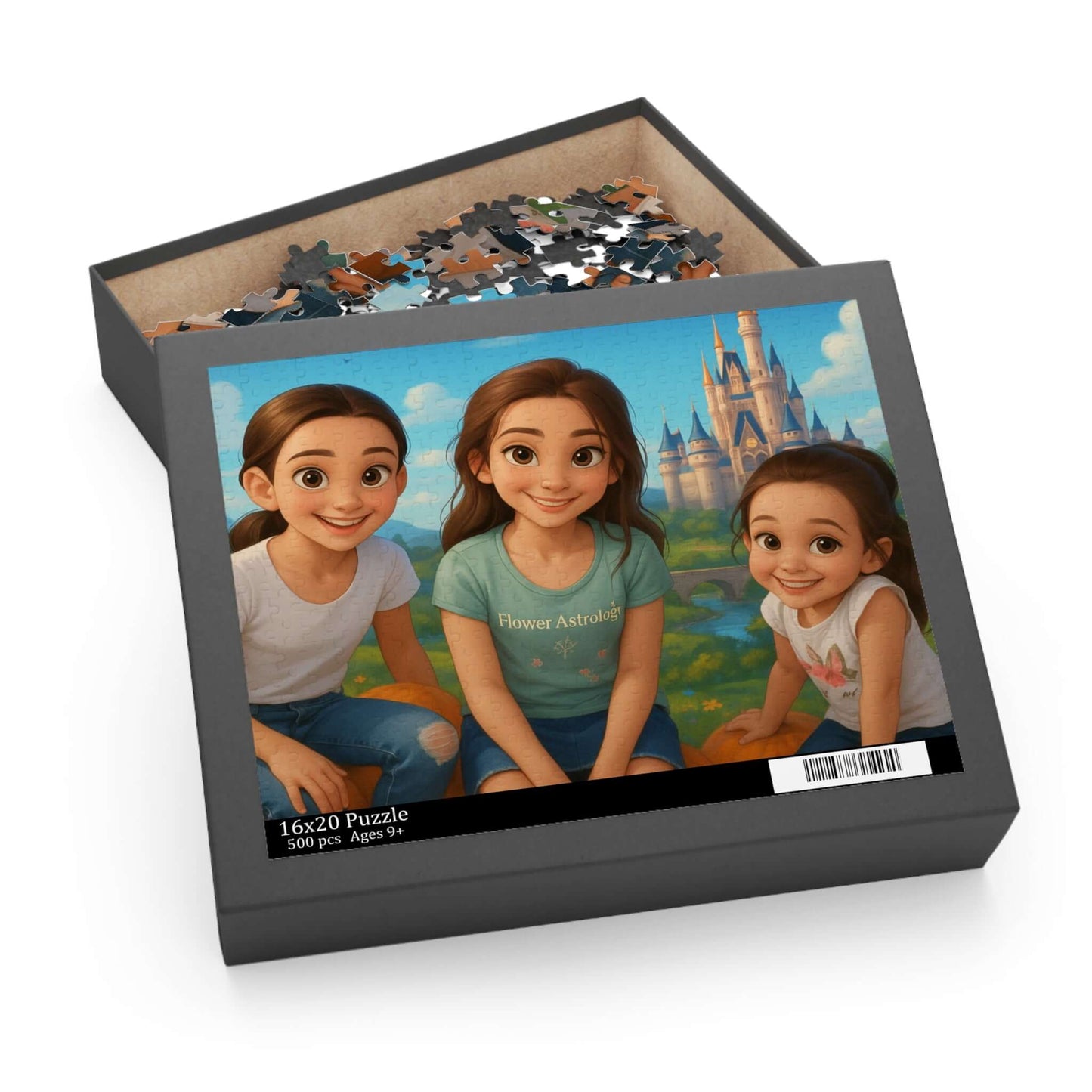 Personalized cartoon puzzle box featuring three girls with Disney-inspired backdrop and colorful illustration.