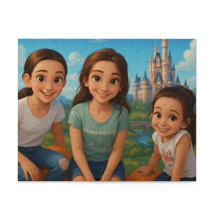 Personalized cartoon puzzle featuring three smiling girls with a Disney-inspired castle background.