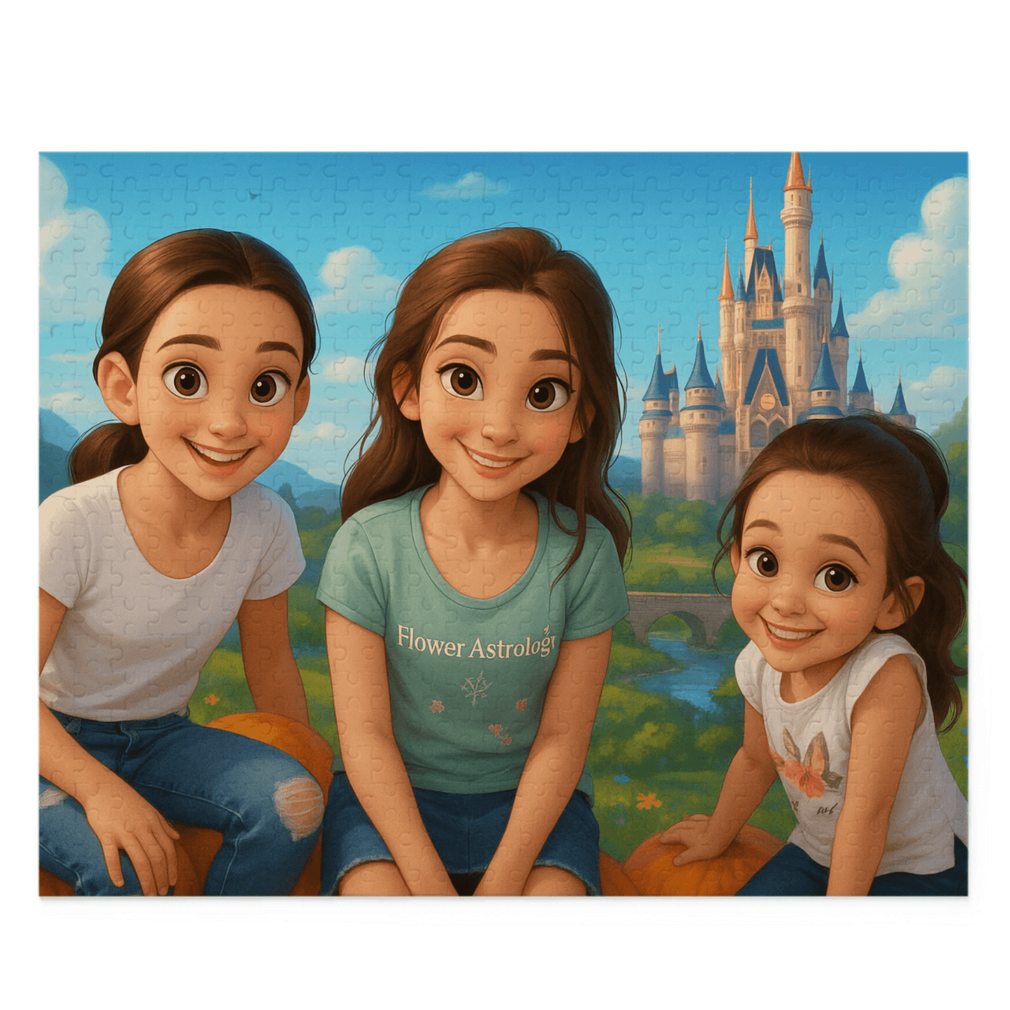 Personalized cartoon puzzle featuring three girls with a Disney castle background, perfect for family fun.