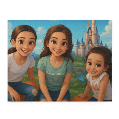 Personalized cartoon puzzle featuring three girls smiling in a Disney-inspired castle background.
