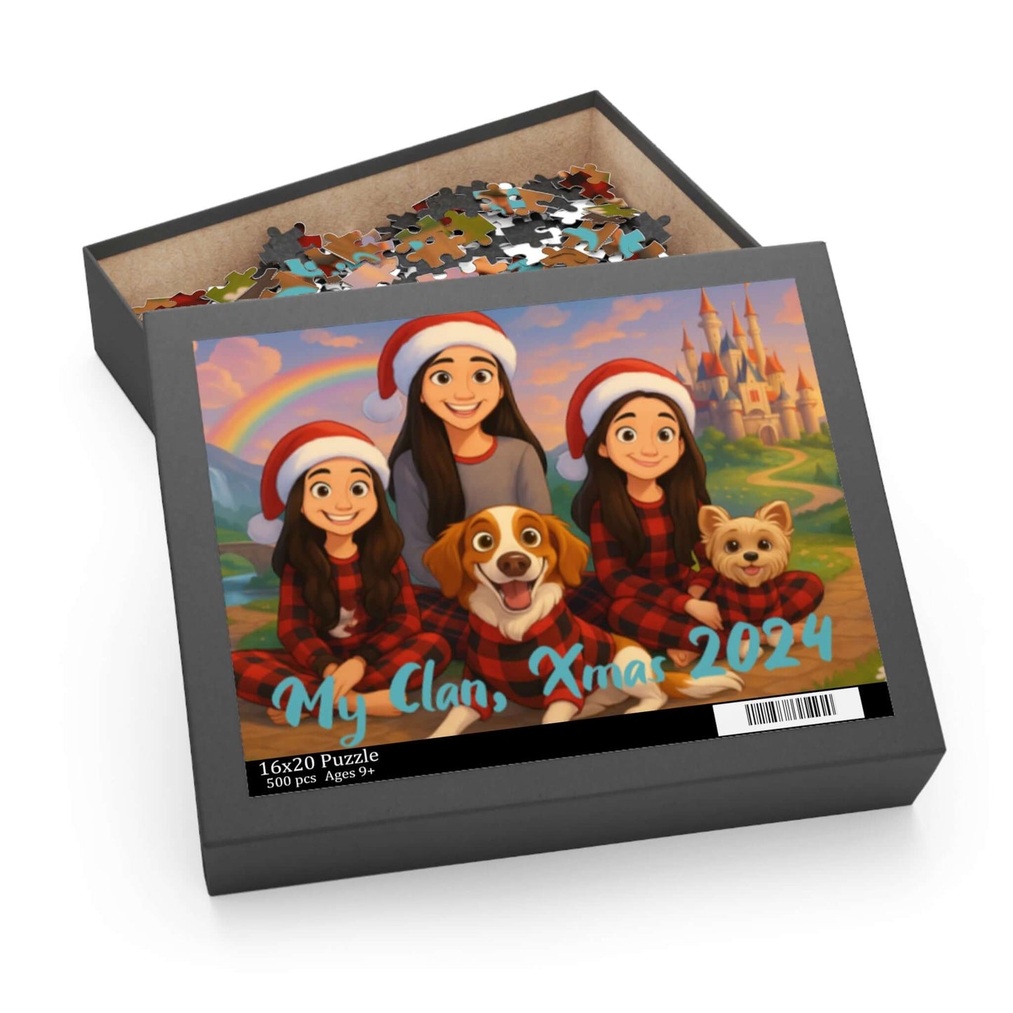 Personalized cartoon puzzle with family and pets, festive design, perfect for holiday fun and memorable keepsakes.