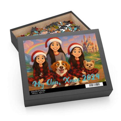 Personalized cartoon puzzle with family and pets, festive design, perfect for holiday fun and memorable keepsakes.