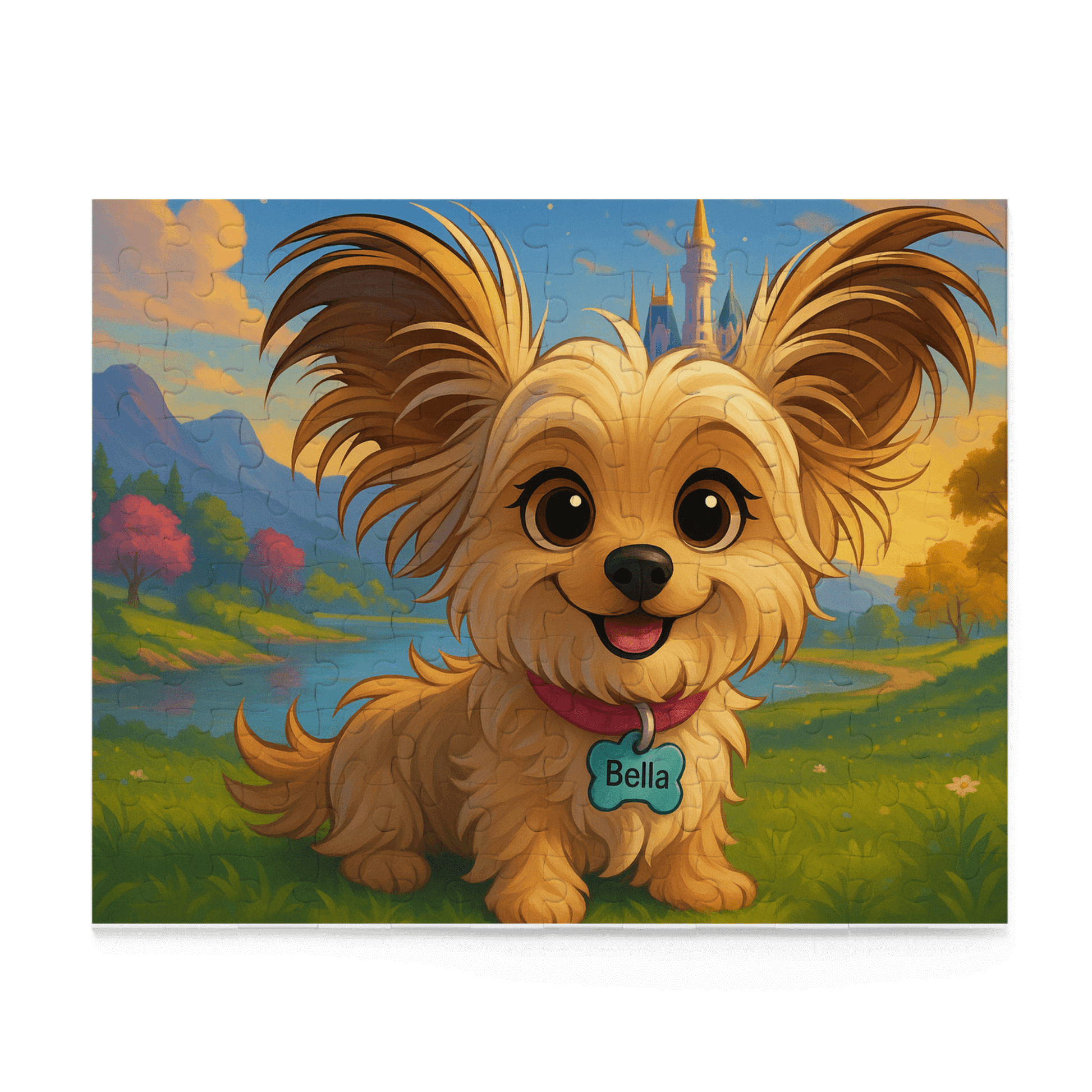 Personalized cartoon puzzle featuring a joyful dog named Bella in a magical landscape.