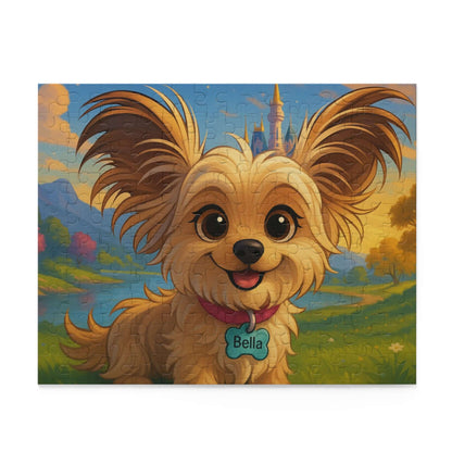 Personalized cartoon puzzle featuring a joyful dog named Bella in a magical Disney-inspired scenery.