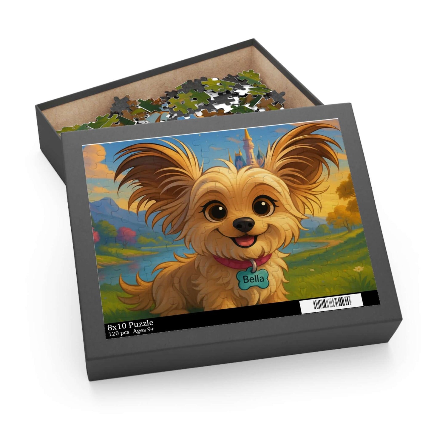 Personalized cartoon puzzle featuring a happy dog named Bella in a magical landscape.