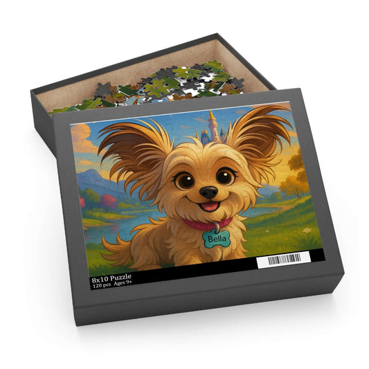 Personalized cartoon puzzle featuring a happy dog named Bella in a magical landscape.