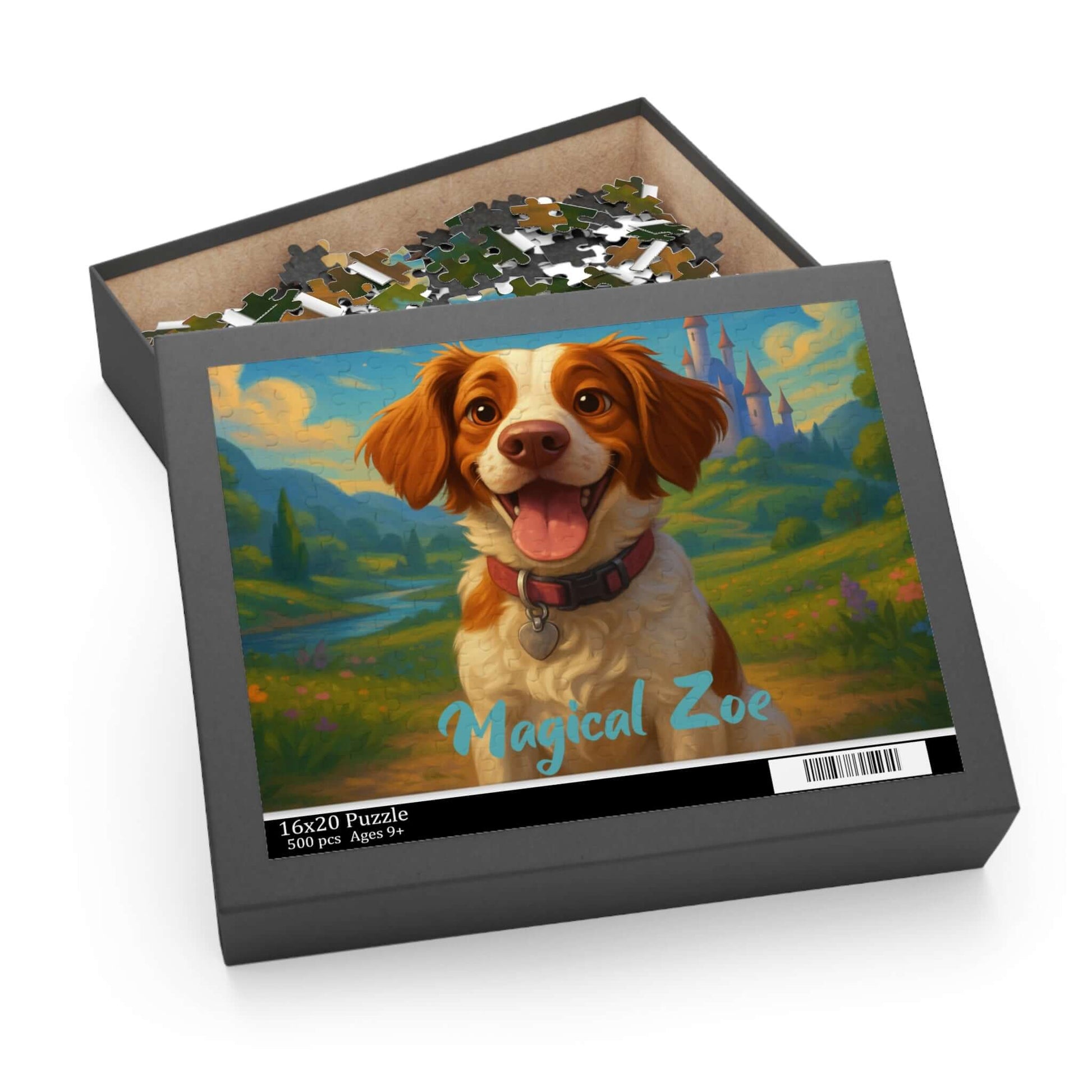 Personalized cartoon puzzle box featuring a joyful dog named Zoe with a Disney-inspired background.