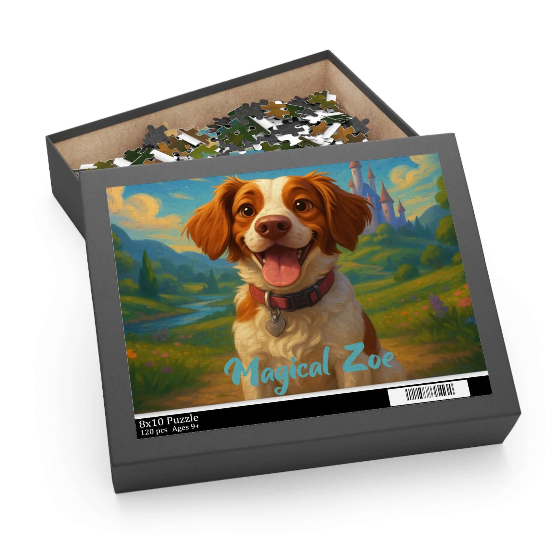 Personalized cartoon puzzle featuring a happy dog named Zoe in a magical landscape background.