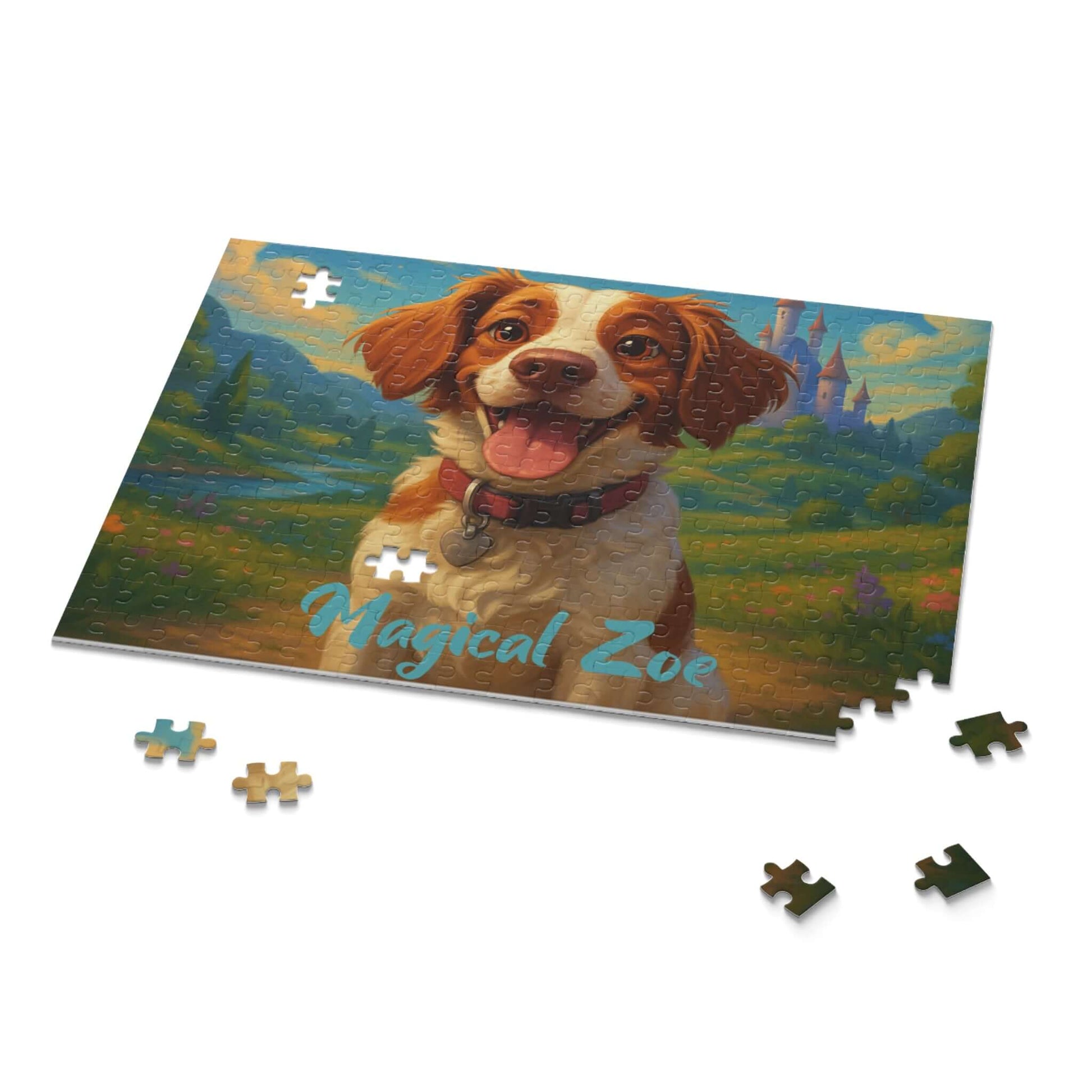 Personalized Cartoon Puzzle featuring a joyful dog named Zoe in a magical landscape, perfect for family fun.
