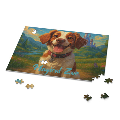 Personalized Cartoon Puzzle featuring a joyful dog named Zoe in a magical landscape, perfect for family fun.