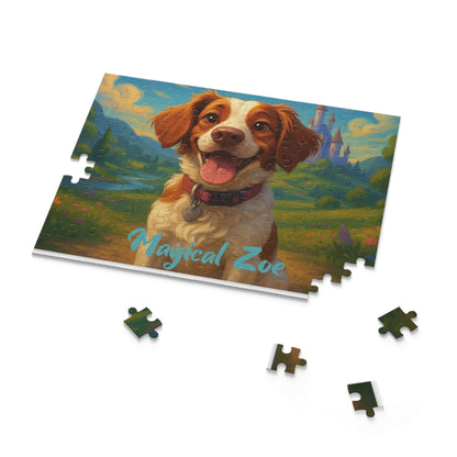 Personalized puzzle featuring a happy dog named Magical Zoe on a Disney-inspired background.