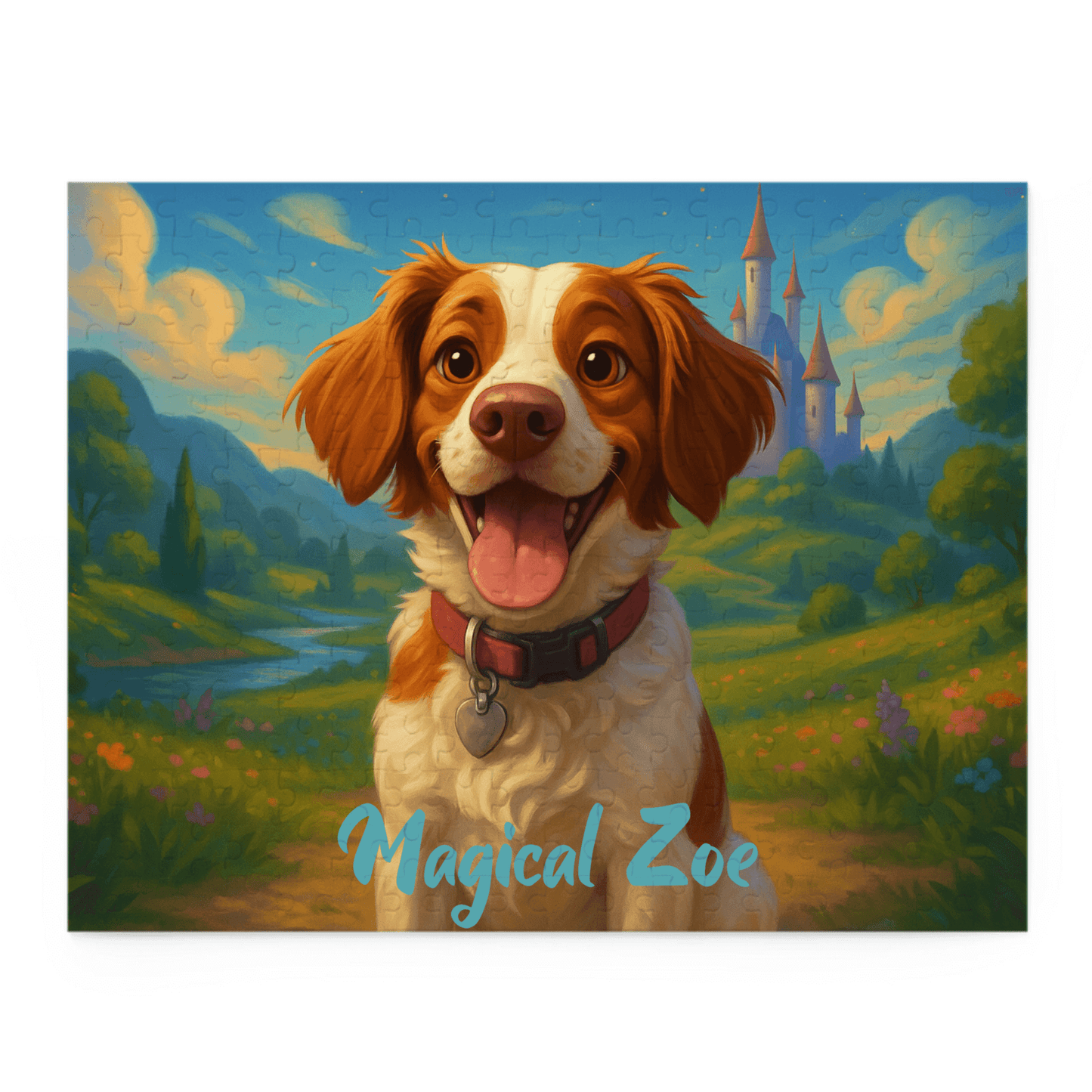 Personalized cartoon puzzle featuring a happy dog named Magical Zoe in a whimsical landscape.