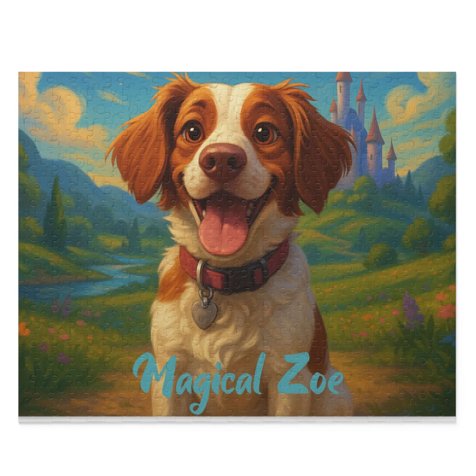 Personalized cartoon puzzle of a happy dog named Magical Zoe with a whimsical background.