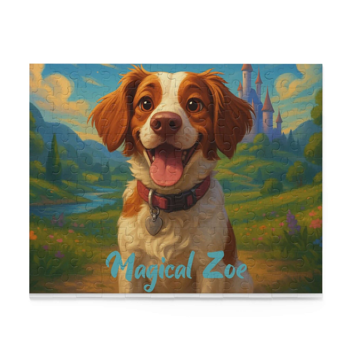 Personalized cartoon puzzle featuring a joyful dog named Magical Zoe in a vibrant Disney-inspired landscape.
