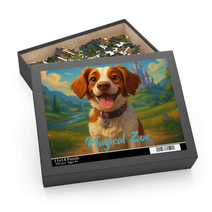 Personalized cartoon puzzle featuring a joyful dog named Zoe against a whimsical, Disney-inspired background.