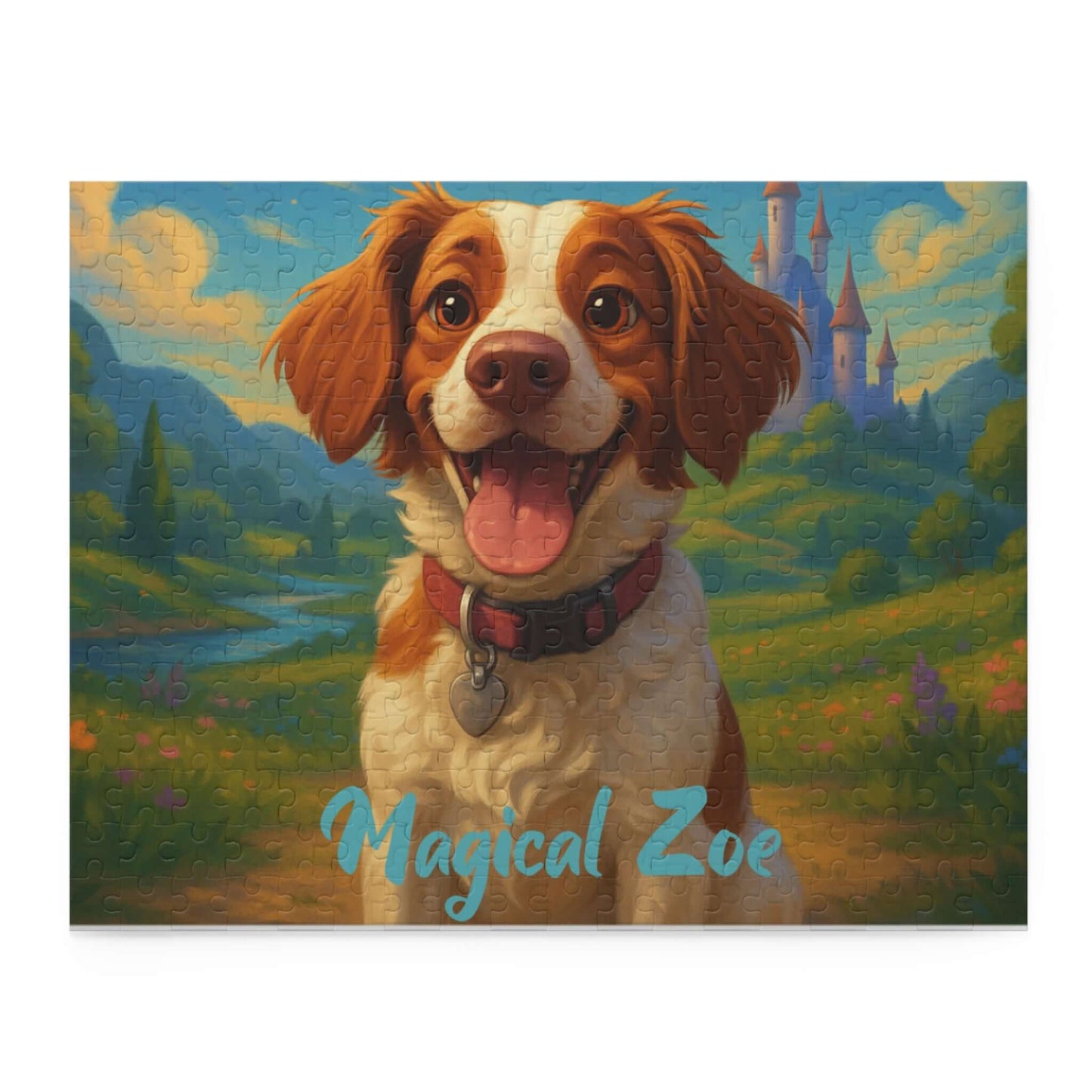 Personalized cartoon puzzle featuring a happy dog named Magical Zoe in a Disney-inspired landscape.