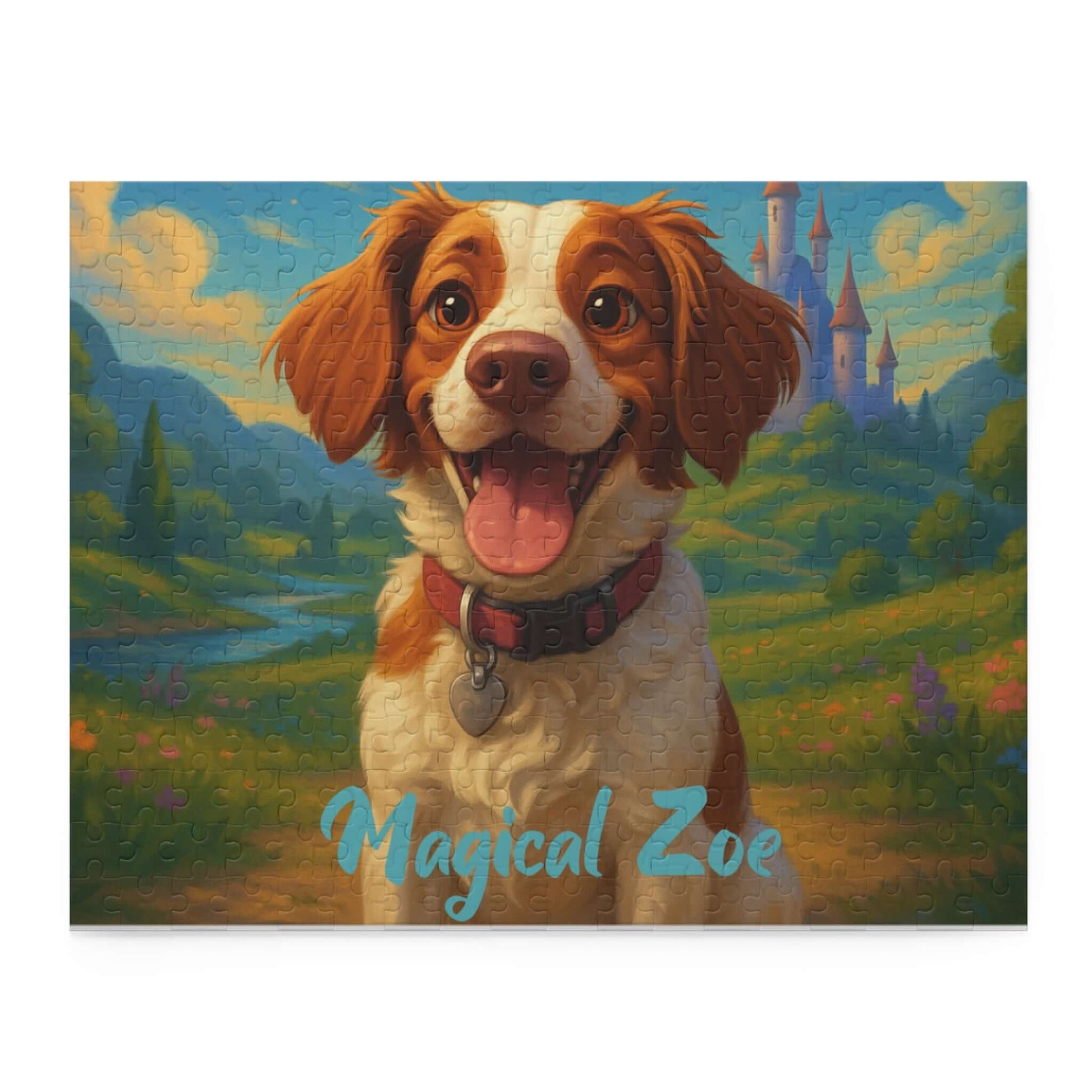 Personalized cartoon puzzle featuring a happy dog named Magical Zoe in a Disney-inspired landscape.