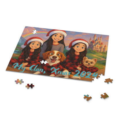 Personalized cartoon puzzle featuring a family and pets with a Christmas theme, custom text, and Disney-inspired background.