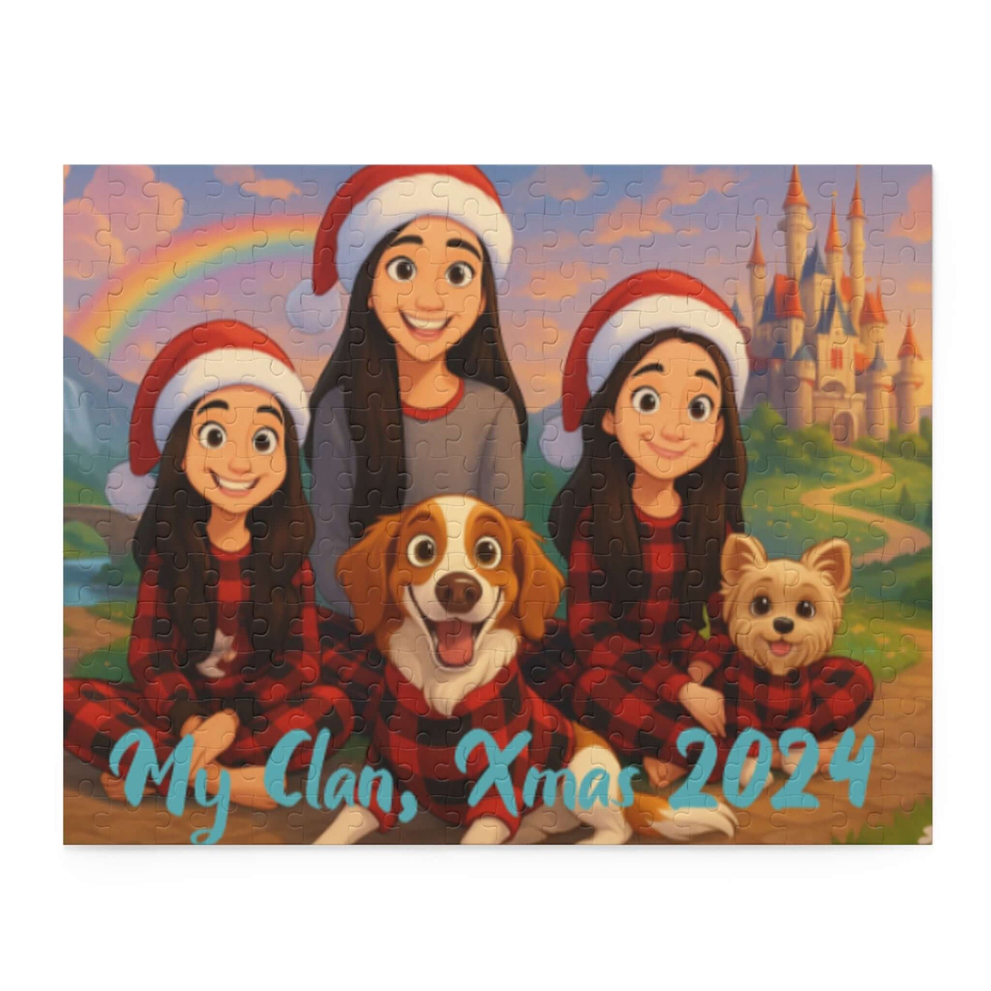 Personalized cartoon puzzle with family in matching outfits and pets, festive design for Christmas 2024.