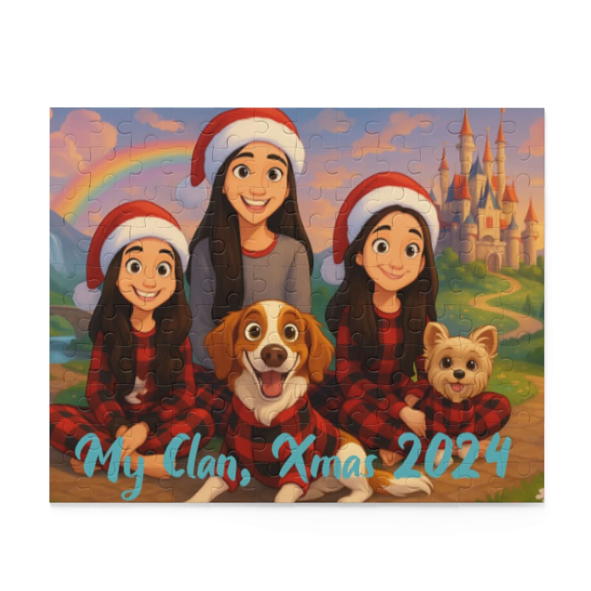 Personalized cartoon puzzle with kids and dogs in festive hats, magical background, and text 'My Clan, Xmas 2024'.