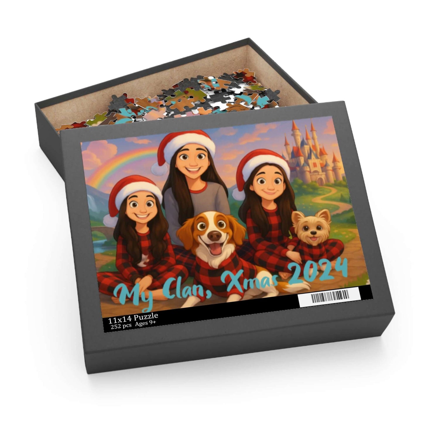 Personalized cartoon puzzle box featuring a family portrait with pets, festive design, and Christmas theme.