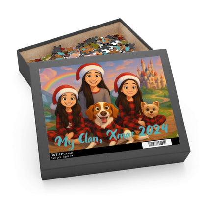 Personalized cartoon puzzle featuring a family with pets, holiday theme, and whimsical Disney-inspired background.