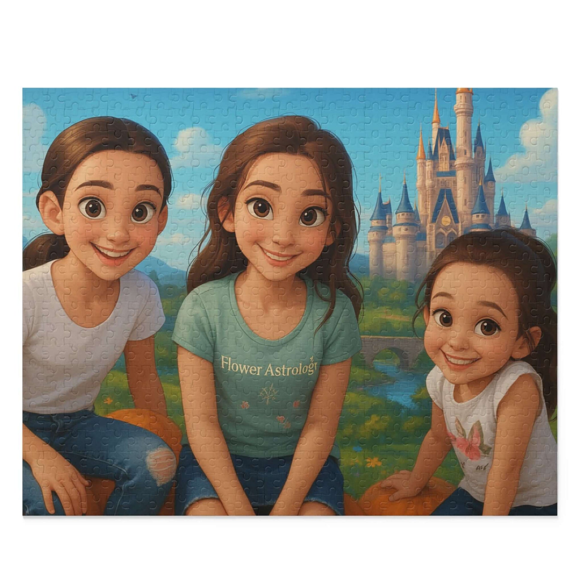 Three animated girls smiling near a fairy tale castle in a colorful puzzle design.