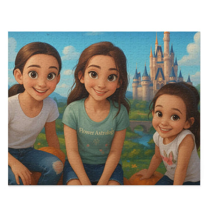 Three animated girls smiling near a fairy tale castle in a colorful puzzle design.