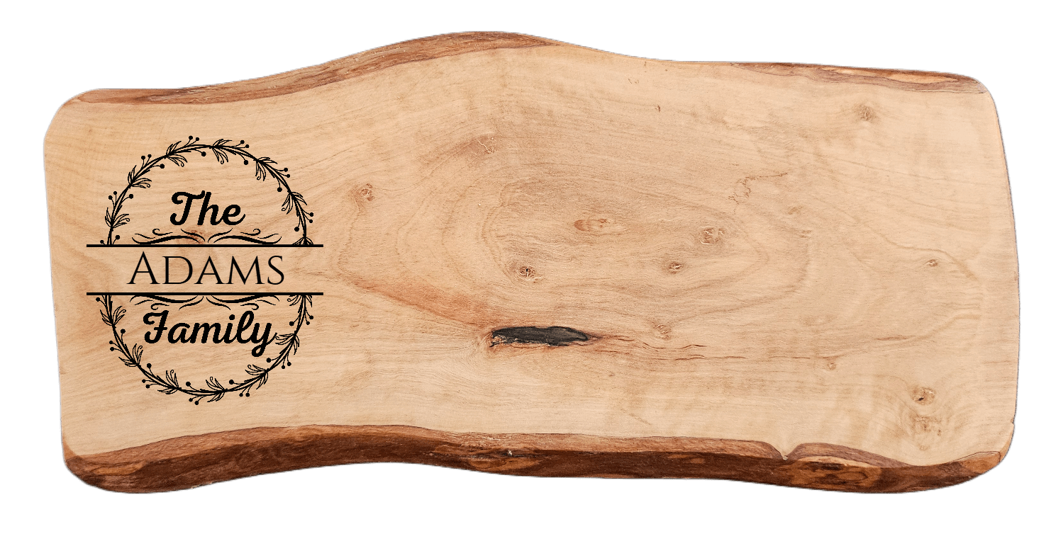 Personalized Home Warming Gift Basket with Engraved Cutting Board featuring The ADAMS Family design on wood.