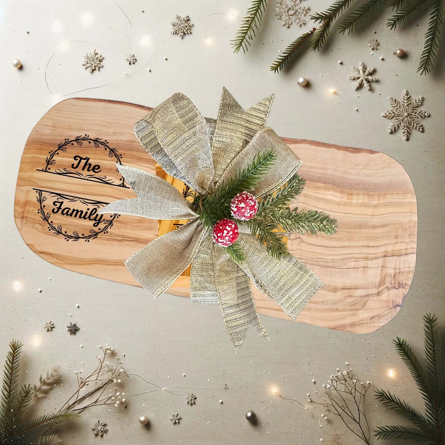 Personalized Family Name Gift – Olive Wood Set with bow and festive decorations on a light background.