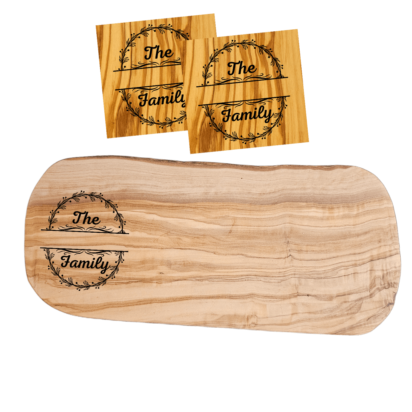 Personalized Family Name Gift – Olive Wood Set with engraved cutting board and coasters featuring a circular monogram design.