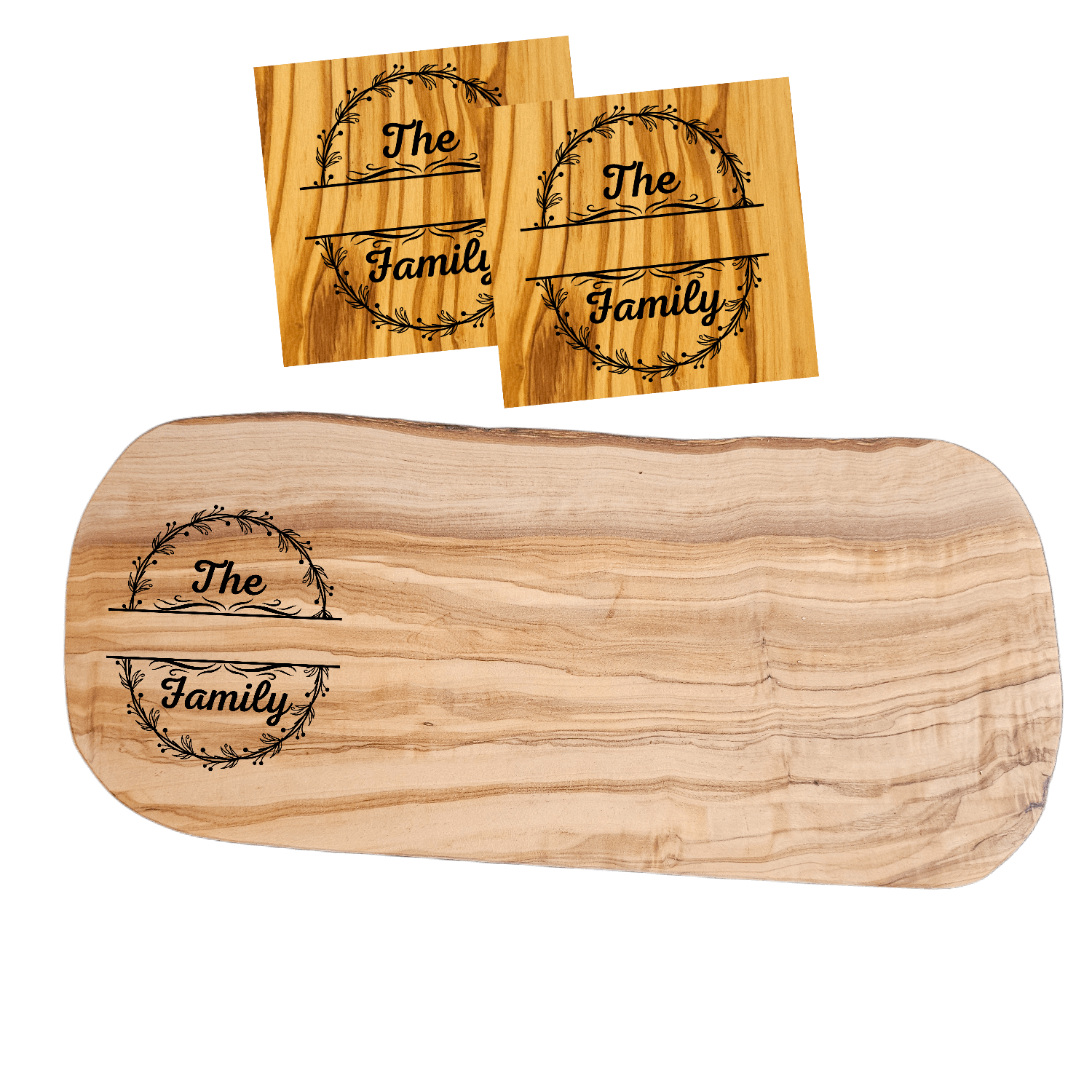 Personalized Family Name Gift – Olive Wood Set with engraved cutting board and coasters featuring a circular monogram design.