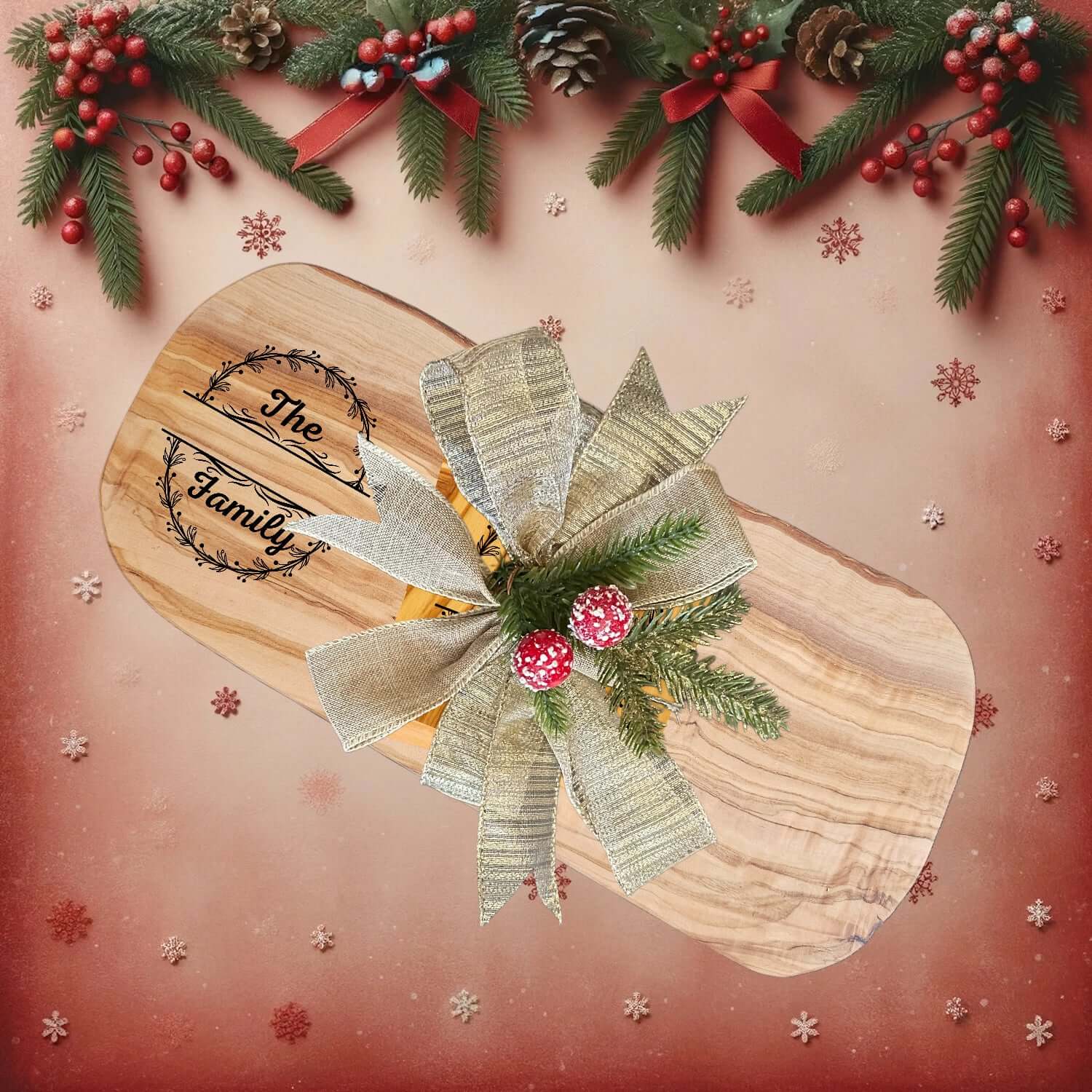 Personalized Family Name Gift – Olive Wood Set with a festive bow and holiday decorations.
