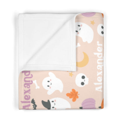 Personalized Halloween Baby Blanket – Ghost Parade Your Little Boo’s featuring playful ghosts and pumpkins.
