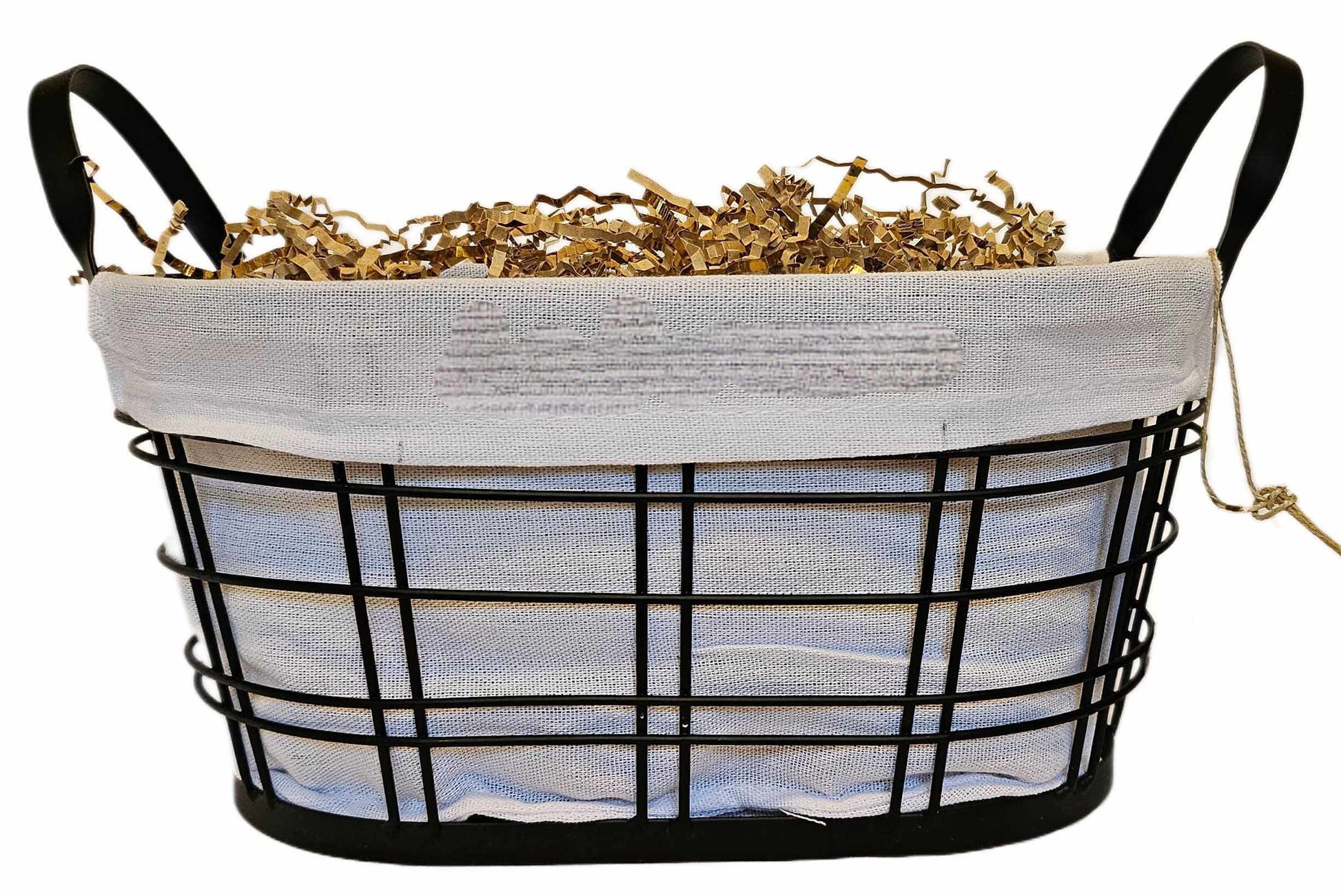 Personalized Home Warming Gift Basket with Engraved Cutting Board in a black wire frame with white cloth.