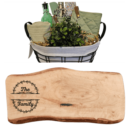 Personalized Home Warming Gift Basket with Engraved Cutting Board featuring a charming wire basket and a custom cutting board.